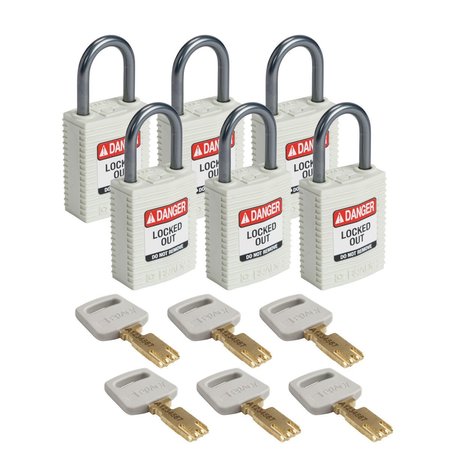 BRADY Compact SafeKey Key Retaining Nylon Padlock 1 in Aluminum Shackle KD White 6PK CPT-WHT-25AL-KD6PK